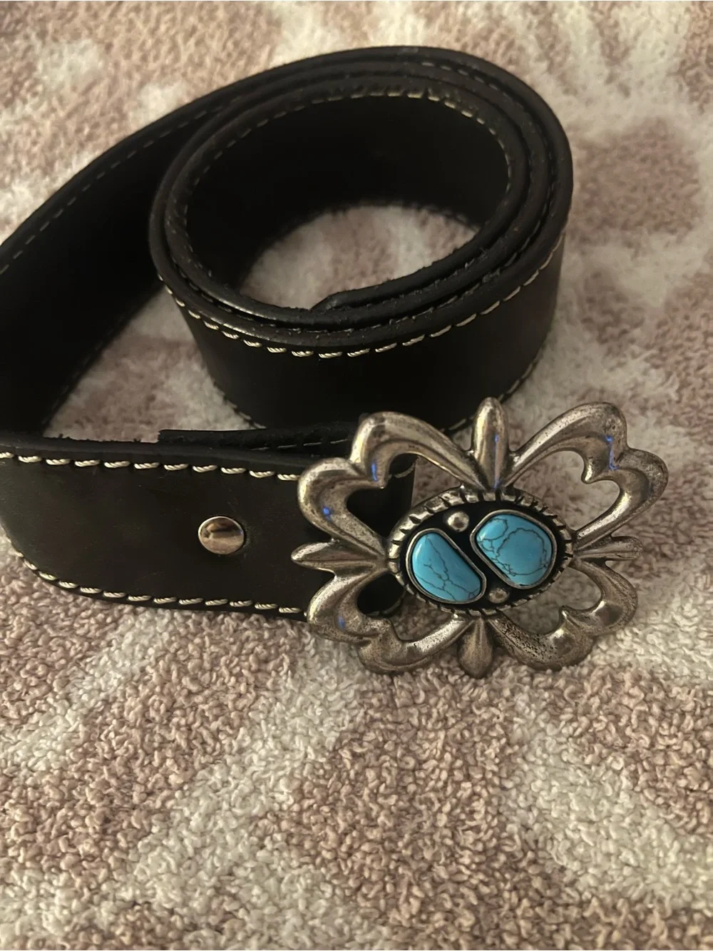 Alanui Black Leather Belt with Turquoise Stone Silver Buckle
